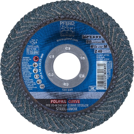Pferd 67192 4-1/2in x 7/8in POLIFAN CURVE Medium Radius Flap Disc SGP Zirconia 40G 67192-PFERD